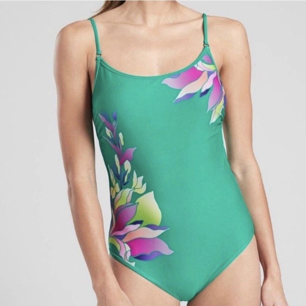 Athleta Floral One Piece Swimsuit XL Teal Green Tropical Hibiscus Strappy Back